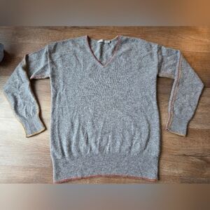 In Cashmere 100% Cashmere Grey V Neck Sweater, Orange and Yellow Trim size Small
